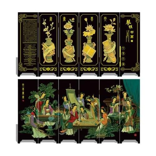 MINI Folding Screens 6 Joined Panels Decorative Painting Wood Byobu Four Arts Poetry Painting Lyre-playing Chess Calligraphy