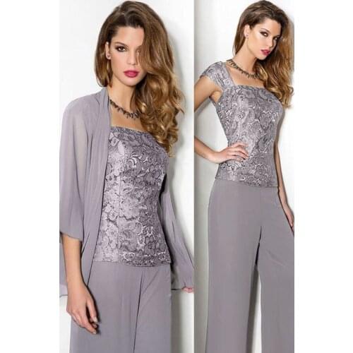 Stylish 3 pieces Mother Of The Bride Dresses With Jacket Tank Pant Suits Elegant Youthful Mother Of Bride Pant Chiffon Lace Suit