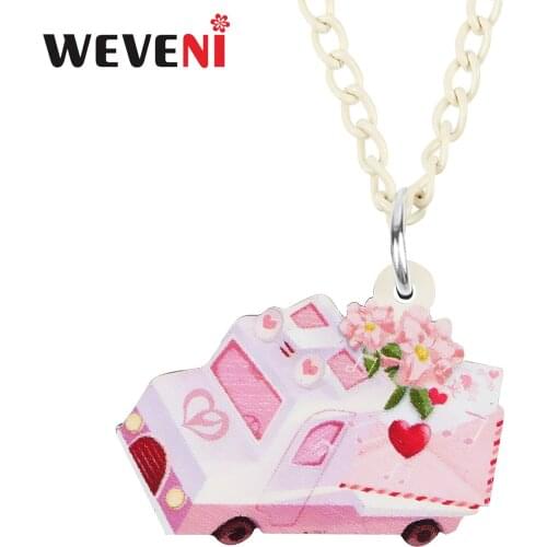 WEVENI Valentines Day Acrylic Sweet Pink Love Envelope Flowers Car Necklace Pendant Fashion Charms Jewelry Gifts For Women Girls