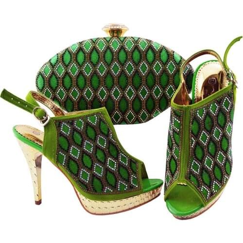 Wonderful green women pumps with rhinestone lattice style african shoes match handbag set for dress JZC003,heel 12CM