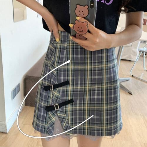 Plaid Skirts Women A Line Lace High Waist Korean Style Retro Elegant Trendy Cute Ulzzang Female Bottom Mini Popular Chic Slit
