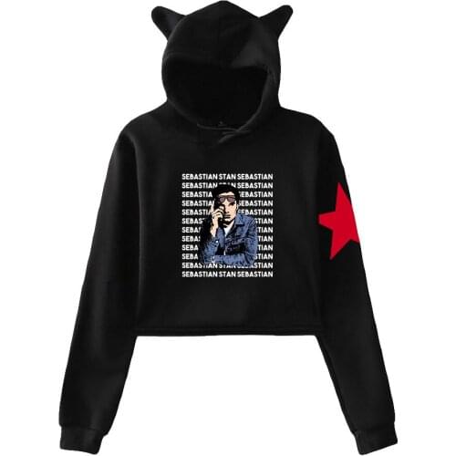 Sebastian Stan Print Cat Cropped Hoodies Girl Long Sleeve Hooded Pullover Crop Tops Sweet Sexy Loose Tide Streetwear CasualStyle