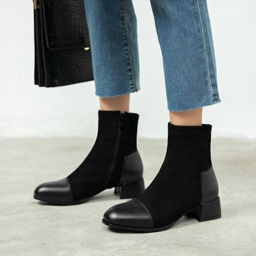 Plus Size 34-48 Nature Flock Leather Ankle Boots Side Zipper Black Brown Autumn Winter Boots Women Fashion Ladies Short Boots