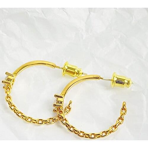 Women C shape big zircon shiny real gold plated link earrings hoop
