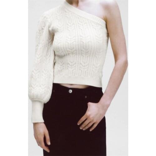 Women 2021 Fashion Asymmetric Cable-Knit Sweater Vintage Crew Neck Lantern Sleeve Female Pullovers Chic Tops