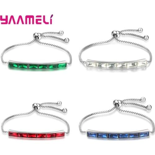 New Fashion Charms Square Multi-color Crystal Bracelet For Women 925 Sterling Silver Box Chain Adjustable Bangle For Girls