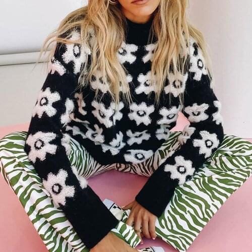 Foridol Flower Knitted Oversized Black Sweater Pullovers Femme Women Autumn Winter O Neck Thick Fashion Harajuku Pull Femme Top