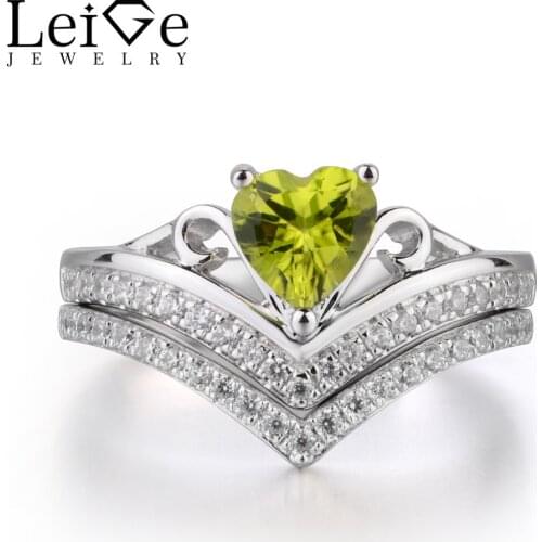 Leige Jewelry Genuine Natural Peridot Ring Wedding Ring 925 Sterling Silver Ring Heart Cut Green Gemstone August Birthstone