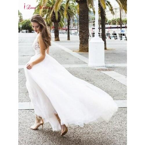 Vestidos De Novia Beach Lace Wedding Dress V Neck Sleeveless Open Back Floor Length Mesh Tulle White Bride Wedding Gowns 2021