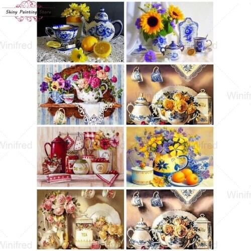 5D DIY Diamond Painting Retro Painting Dessert Cups and Flowers Full Square Round Diamond Embroidery Rhinestones Pictures Crafts