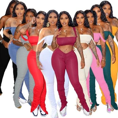Adogirl Solid Women Casual Two Piece Set Off Shoulder Strapless Crop Top Ruched Flare Pants Fashion Tracksuit Female Clothes