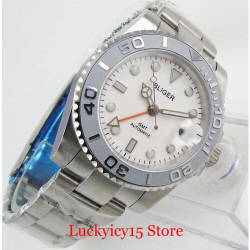 BLIGER Dress White Automatic Men Wristwatch GMT Date Function Brushed Ceramic Bezel Mental Strap Sapphire Glass