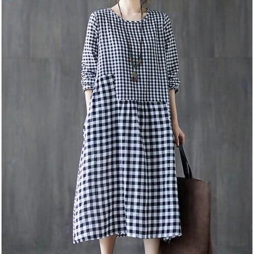 2021 Bohemian Women Dress Vintage Plaid Check Casual Cotton Linen Vestidos Long Maxi Dresses Beach Party Summer Sundress