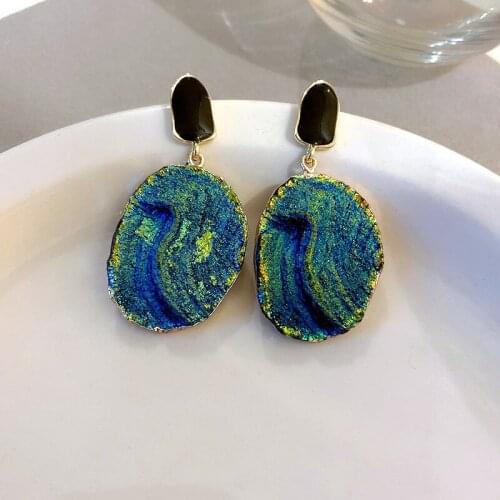 SRCOI Exaggerated Blue Ocean Resin Artistic Charms Hanging Earrings Irregular Oval Geometry Fake Volcano Stone Ladies Earrings