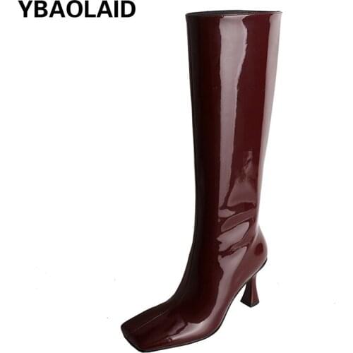 Square Toe Patent Leather Stilettos Knight Womens Boots for Fall/winter 2021 New Fashion Sexy High-heeled Burgundy Boots