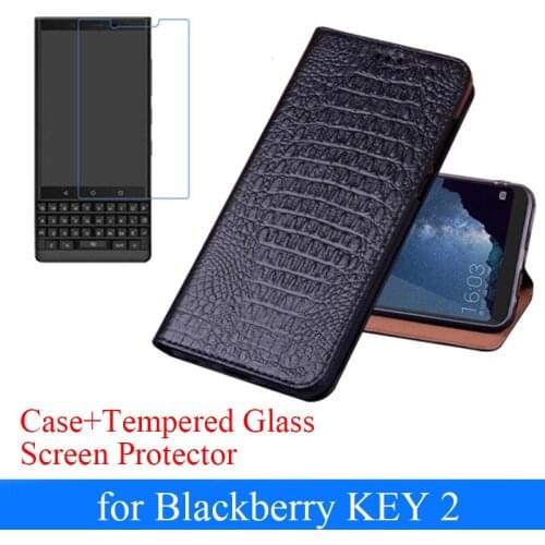 For Blackberry KEY2 Genuine Leather Case + Tempered Glass Screen Protector for Blackberry KEY 2 Key Two Business Flip Cover Skin