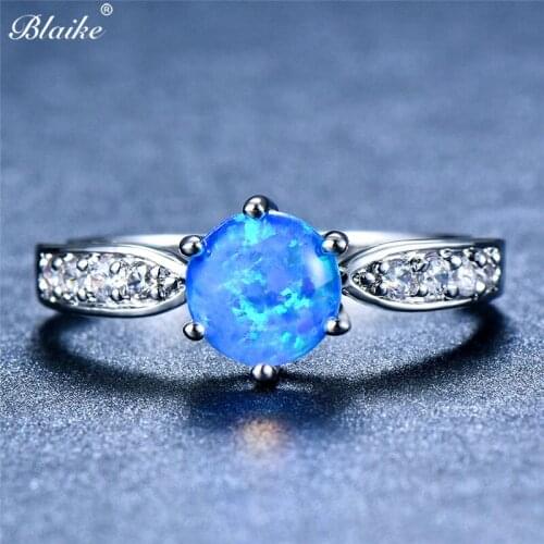 Blaike Silver Color Rings For Women Big Round Blue Fire Opal Ring Fashion Jewelry Birthstone Girlfriend Gifts