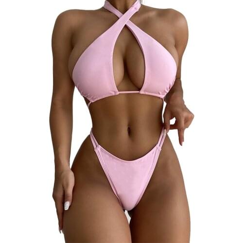 Solid Sexy Swimsuit Women Highwaist 2 Pieces Pink Bikinis Set 2021 Summer Swimwear Push Up Beach Wear Bathing Surfing Suit
