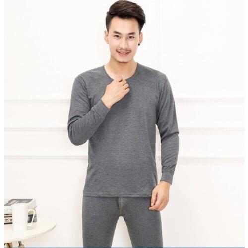 Warm Clothing Set Top + Pants Mens Winter Thermal Underwear Suit Circular Collar Large Size Long Sleeve Pure Color