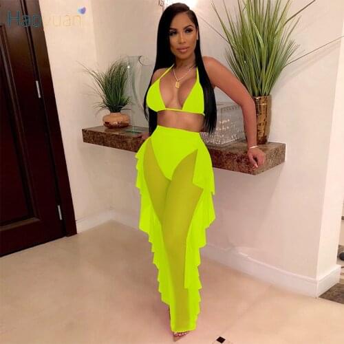 HAOYUAN Sexy Mesh Sheer Two Piece Bikinis Set Bandage Crop Top Ruffles Bodycon Pants for Women Swimsuit Summer Club Matching Set