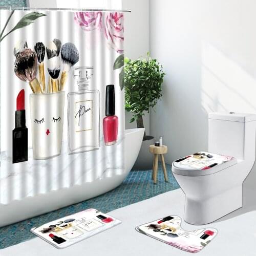 Fashion Makeup Shower Curtain Perfume Lipstick Nail Polish Non-Slip Flannel Rugs Toilet Cover Bath Mats Bathroom Set Floor Mat