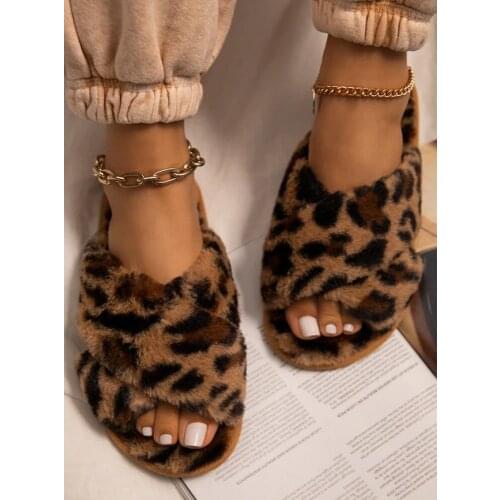 Fashion Leopard Flock Women Slippers Winter Warm Peep Toe Cross Plush Slippers Ladies Pink And Brown Faux Fur Flat Home Shoes