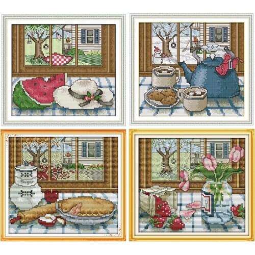 Seasons Outside The Window DIY Chinese Needlework Craft 11CT14CT Printed Patterns Cross Stitch Kit DMC on Canvas Embroidery Sets
