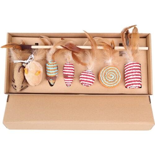 Cat toy set of seven pieces, funny cat stick, feather, straw ball, braided rope lollipop, little mouse, little candy, bell,MTZ