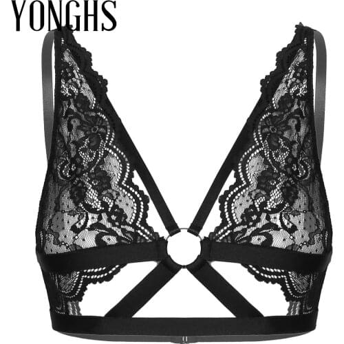 Lingerie Hot See-through Bra Womens Floral Lace Strappy Erotic Bra Tops Hollow Out O-ring Bralette Lingerie Brassiere Underwear