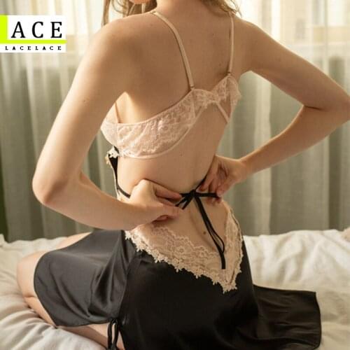 Nightgowns Lace Beauty Back Bow Knot Halter Strap Nightdress Sexy Sleepwear Night Wear V-Neck Embroidery Silk Dress