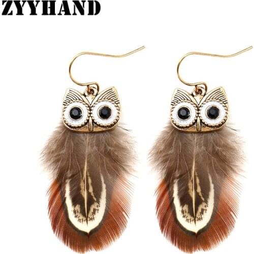 New arrival animal lady jewelry owl feather simple bohemia style women engagement party drop earrings
