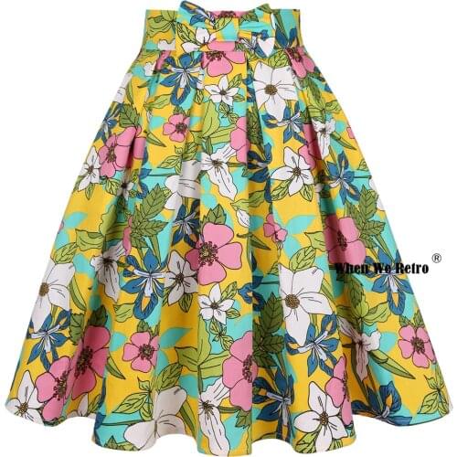 High Waist Plus Size Women Clothing with Bow and Pockets Floral Print Midi Summer Skirts SS0012 2021 Cotton Women Vintage Skirt