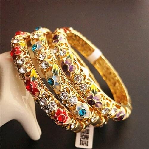 High End Rhinestone Chinese filigree Enamel Bangle Cloisonne Double decker Ethnic Bangles For Women Fashion Jewelry Gift