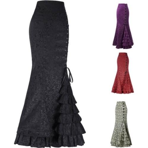 Women Skirts 2020 Court Vintage Retro Victorian Style Ruffles Lace Up Floral Jacquard Medieval Costume Mermaid Long Maxi Skirt