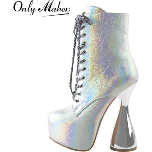 Onlymaker Womens Platform Lace Up Holographic Ankle Bootie Round Toe Magic Color Side Zipper Spike Heels Ankle Boots Big Size