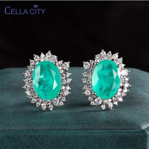 Cellacity New Paraiba Emerald Stuby Earring Oval shape Gemstone 925 Sterling Silver Earrings Engagement Party Gift