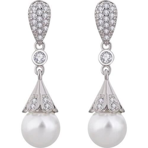 10mm pearl zircon diamonds dangle drop earrings for women 14k white gold princess bridal wedding luxury jewelry party gifts