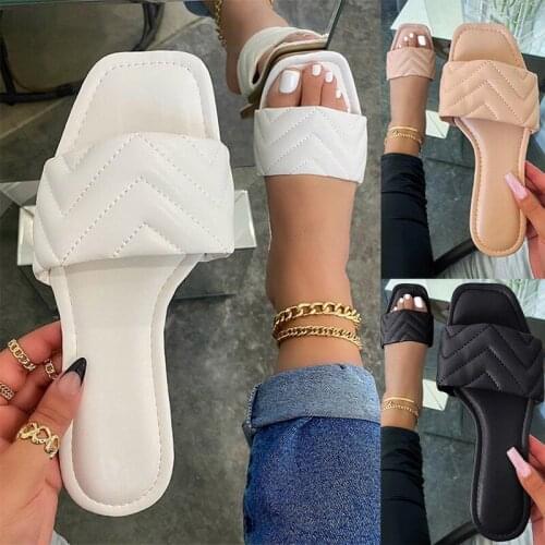 2021 Newest High Quality Women Slides Square Toe Flat Slippers Summer Outdoor Beach Non-Slip Casual Sandals Female Shoes