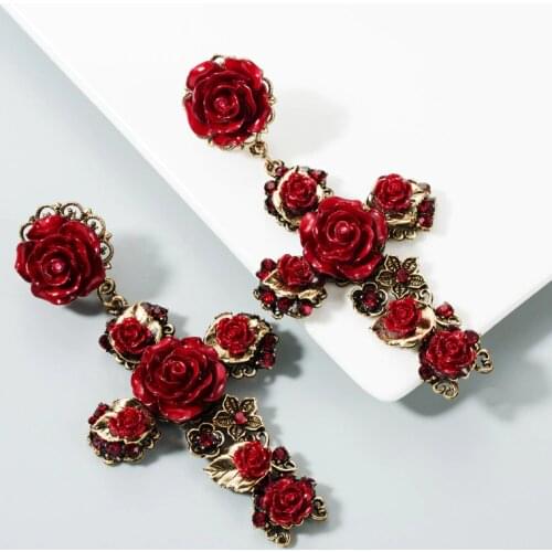 KMVEXO Baroque Vintage Gold Cross Earrings for Women Girls Enamel Rose Flowers Earrings Brincos Fashion Statement Jewelry 2020