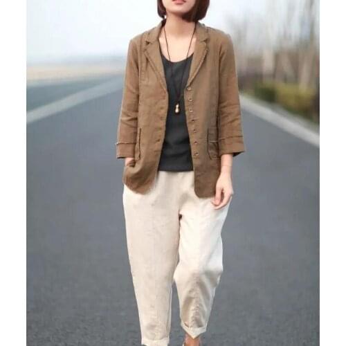 2021 Spring New Arts Style Women Long Sleeve Loose Casual Blazers Single Breasted Cotton Linen Blazer Feminino Coats