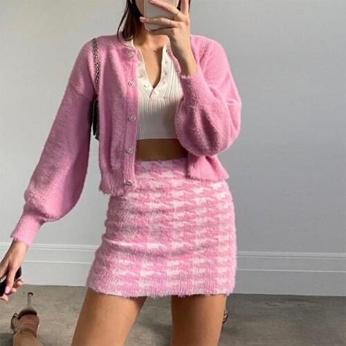 Women Spring New Sweet Pink Knit Cardigans Sweater Set Loose Elegaht Thicked Pull Femme Casual Coat Crop Top & Skirt Set Short