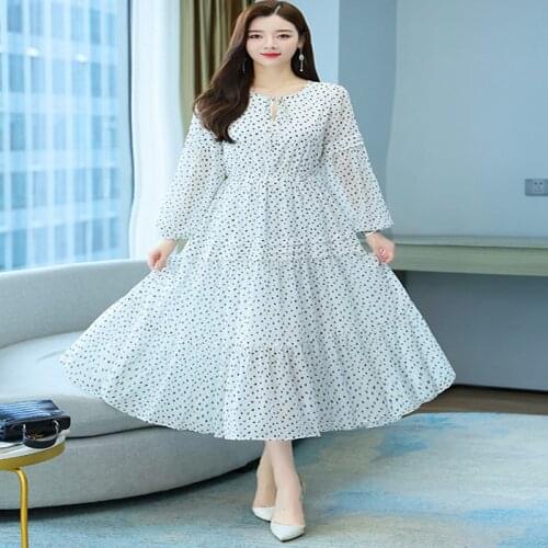 2021 Autumn New Arrival Bohemian Elegant Round Collar Dots Printed Long Sleeve Chiffon Long Dress For Women