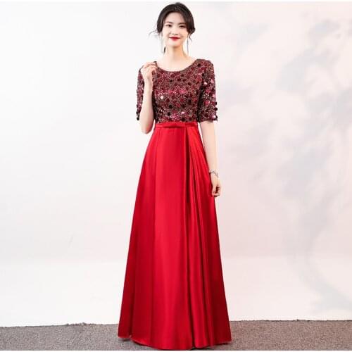 Evening Dress Sequins Simple Short Sleeves O-Neck Zipper Back Empire A-Line Pleat Floor-Length Woman Formal Party Gowns A1316