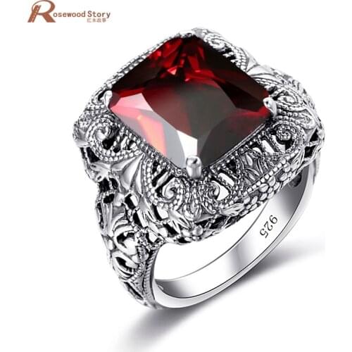 Fashion Jewelry Big Ring Hollow Out Created Garnet CZ Stone Concave Cut Women Ring Soild 925 Sterling Silver Men Vintage Jewelry