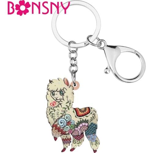 BONSNY Acrylic Autralia Cute Floral Cartoon Alpaca Sheep Keychains Ring Fashion Purse Car Key Chain Jewelry For Women Girls