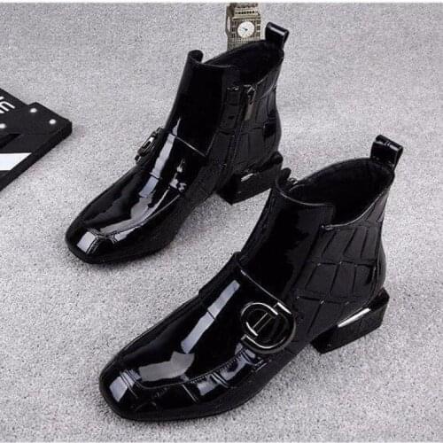 Women Boots Autumn Winter Plush Martin Boots Shoes High Heel Zip Square Toe New Sexy Fashion Patent Leather Ankle Boots C001