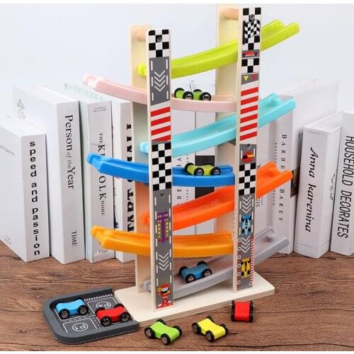 Preschool Kids Toys Wooden 7-Layer Ramp Race Track Car Ramp Racer With 8 Mini Inertia Car Sliding Toys Educational Toys