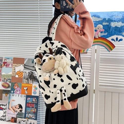 Japanese Style Kawaii Backpack Women Plush Cow School Bag For Teenage Girls Canvas Bag Women Preppy Cute Backpack Mochila Mujer