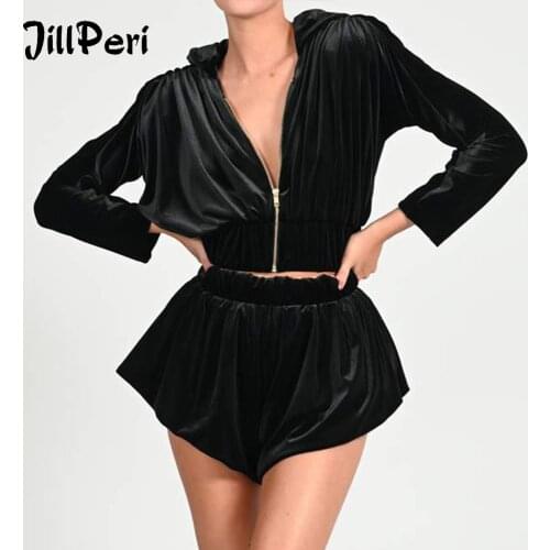 JillPeri Black Long Sleeve Velour Hoodie Cropped Jacket and Shorts Two Piece Set Winter Sexy Women Velvet 2 Piece Outfits