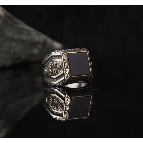 Black Zircon 925 Sterling Silver With Gold Plate Engraved Traditional Handmade Turkish Signet Ring Jewelry Gift for Women Men